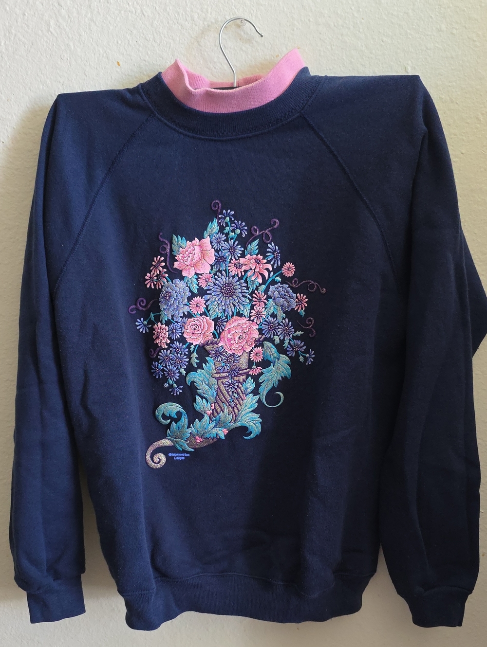 Floral Embroidered Navy Crewneck Sweater with Pink Trim
